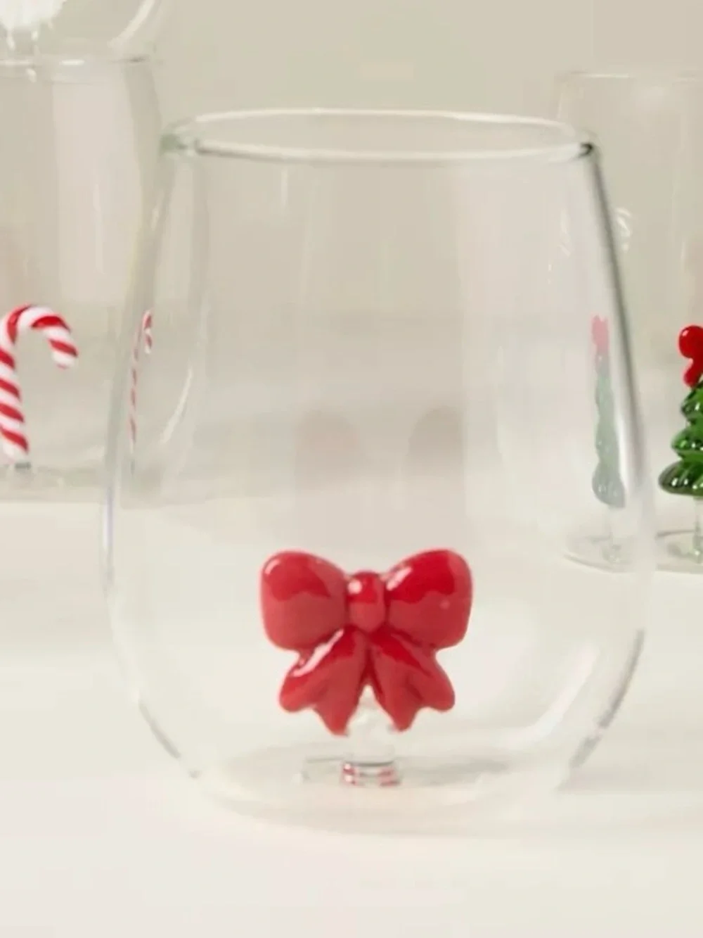 Anthropologie Jolly Icon Stemless Wine Glass Red Bow NWT